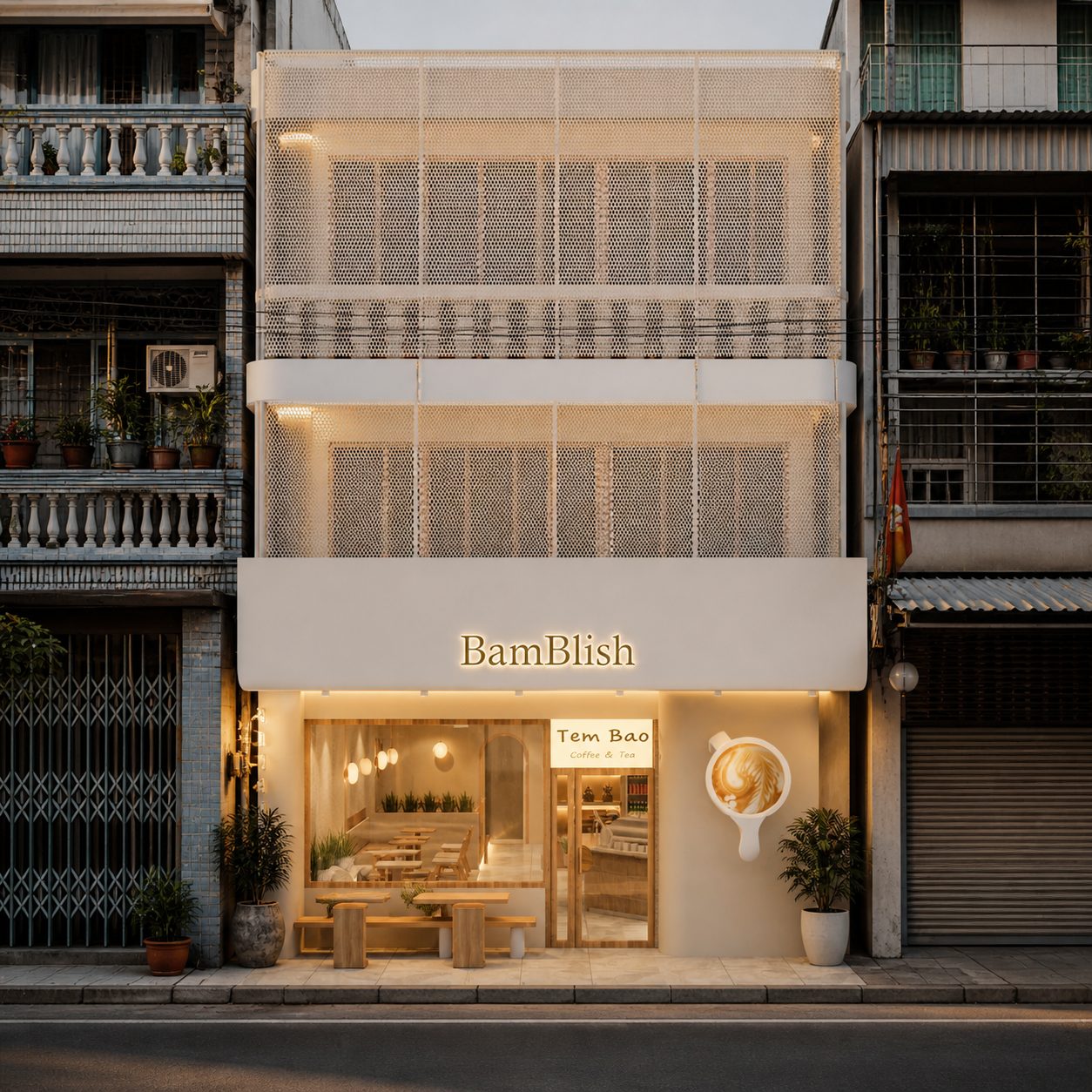 หน้าร้าน Bamblish ยามพลบค่ำพร้อมป้ายรูปลาเต้