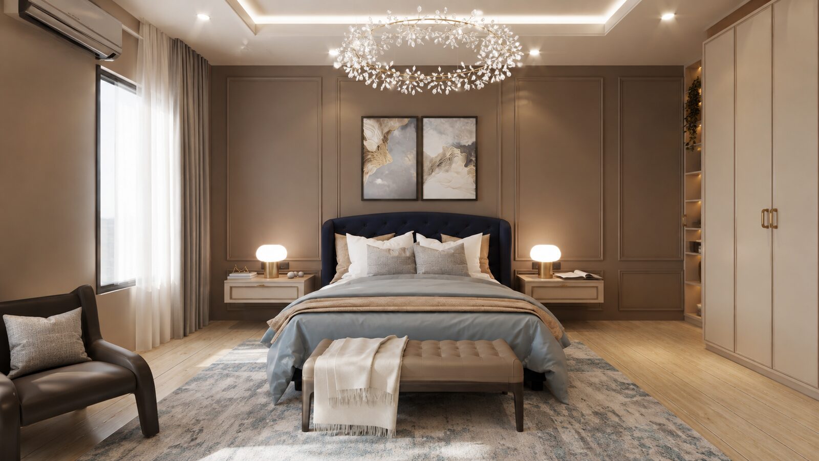 Bee House bedroom with sculptural pendant chandelier
