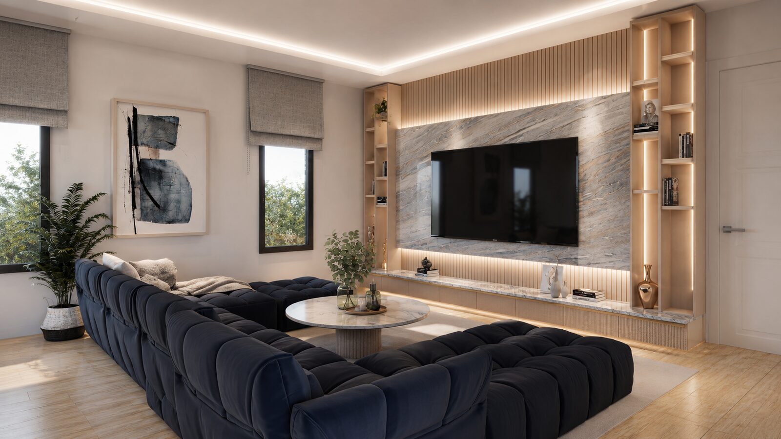 Bee House living room with marble media wall and navy sofa