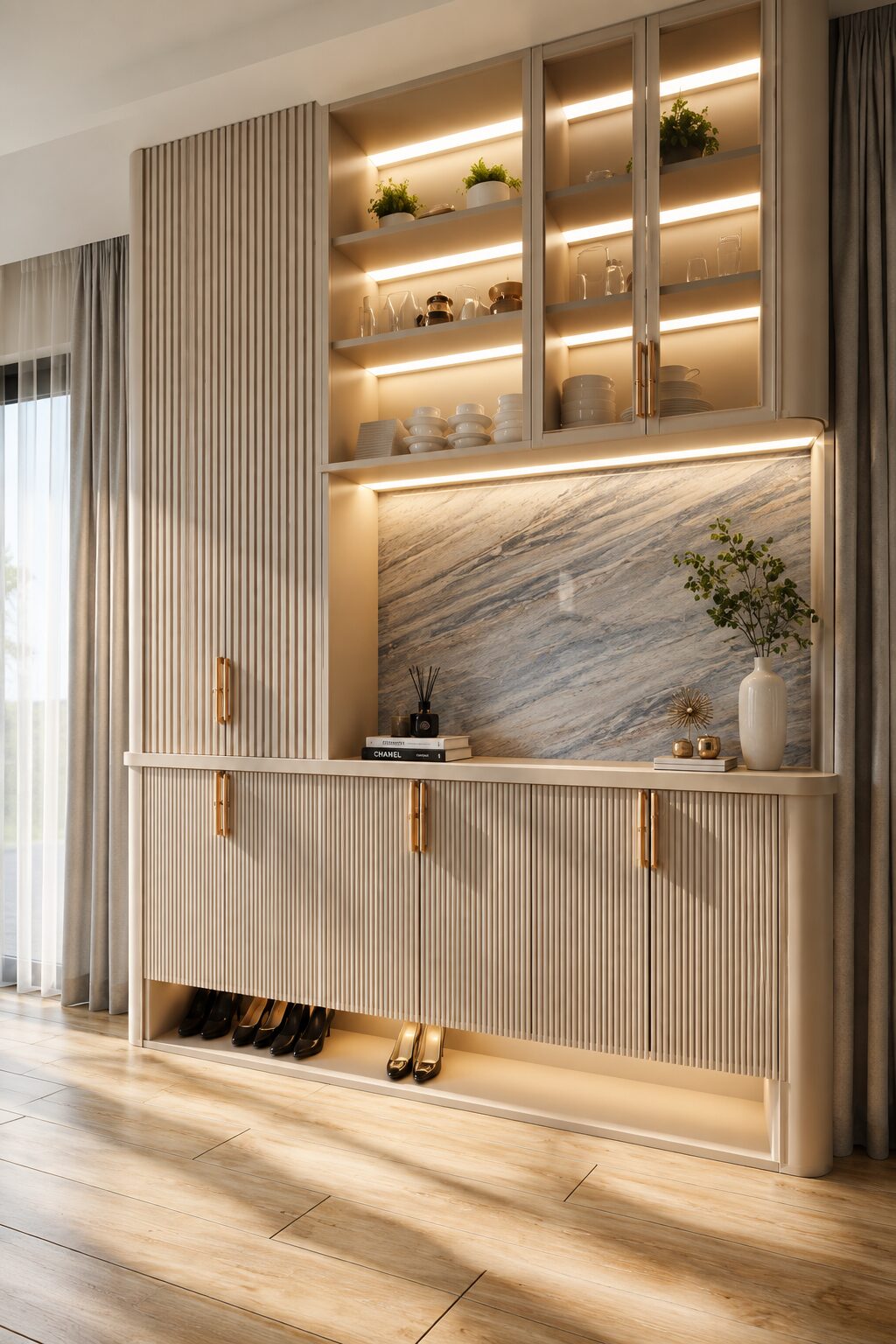 Bee House entry console with marble backsplash
