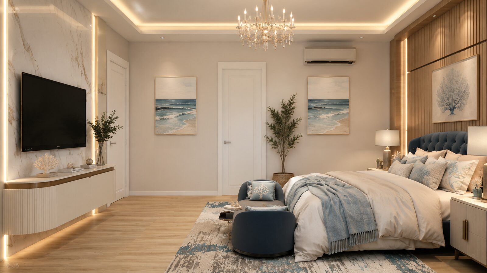 Bee House bedroom with framed art wall