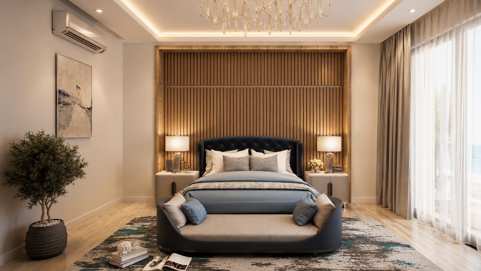 Bee House bedroom with wood slat headboard