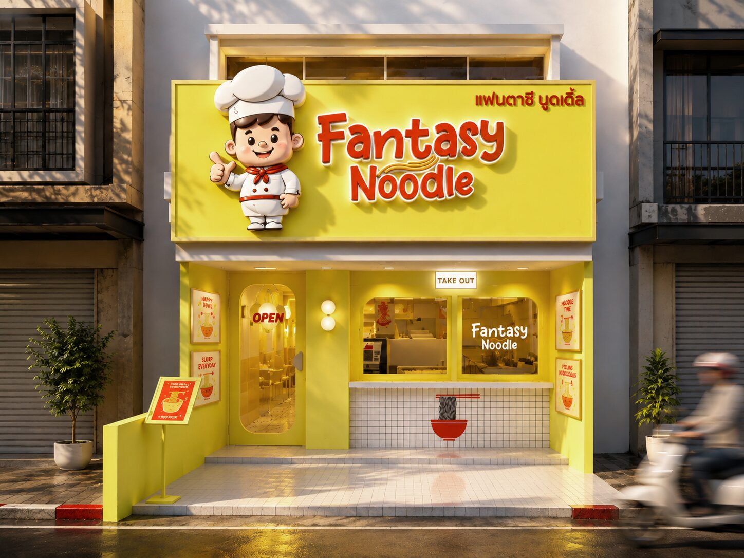 Fantasy Noodle storefront signage with chef mascot