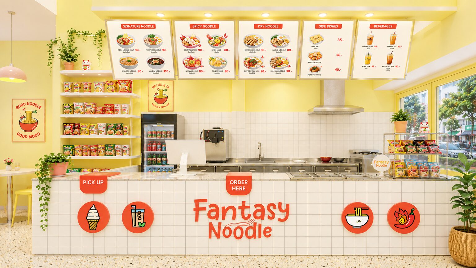 Fantasy Noodle retail shelf and kitchen pass