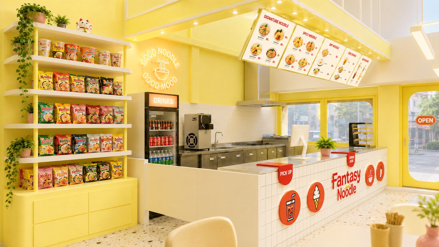Fantasy Noodle dining area with character wall art