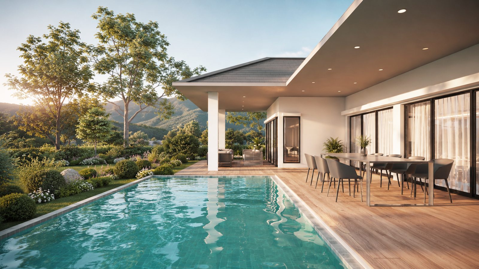 ระเบียงรับประทานอาหารริมสระ Heaven House ยามพระอาทิตย์ตก
