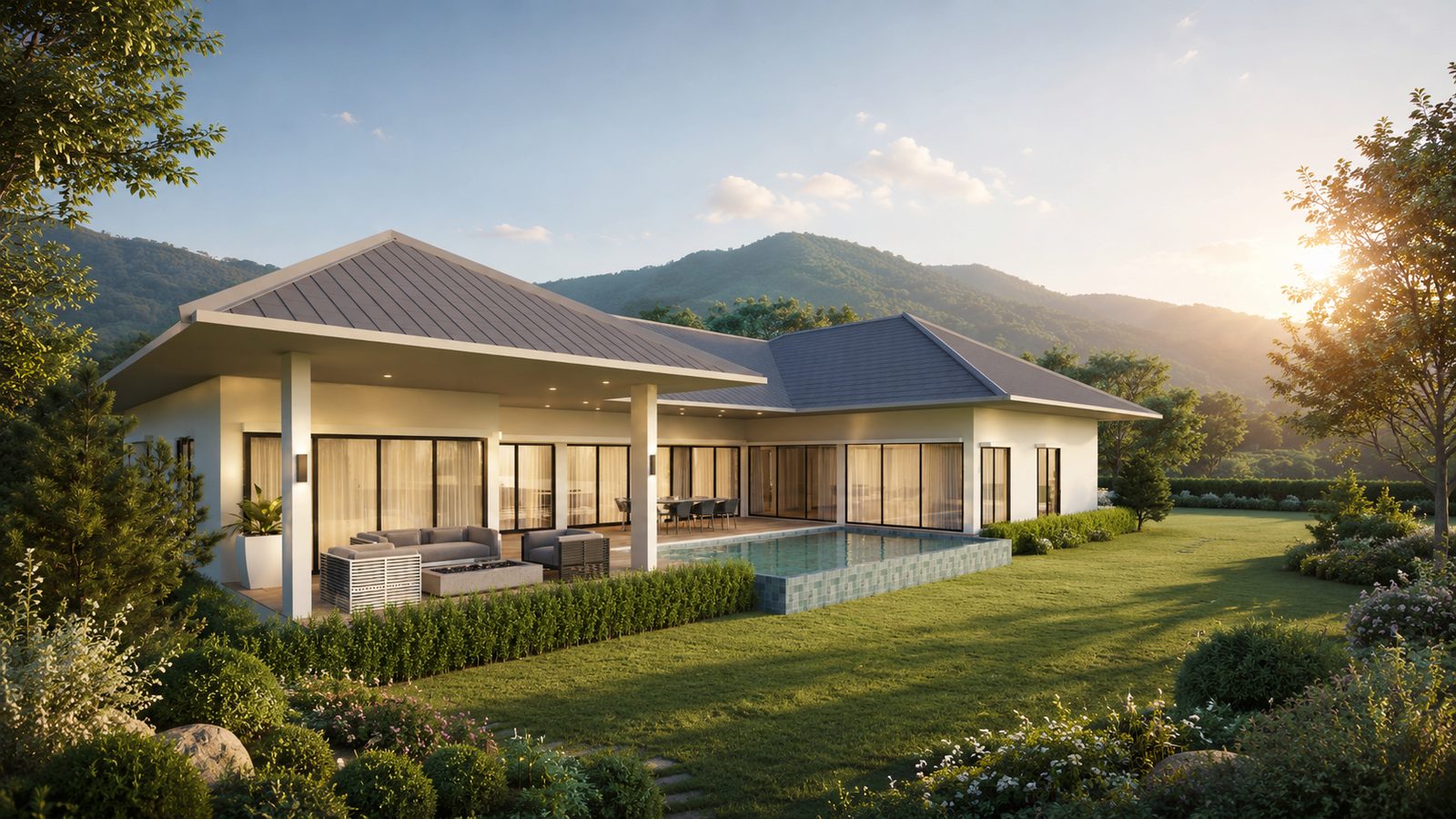 ภายนอกด้านหลัง Heaven House พร้อมสระน้ำและสนามหญ้ายามพระอาทิตย์ตก