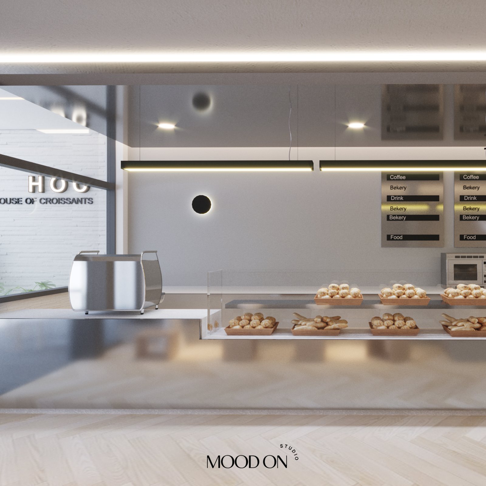 House Of Croissants storefront signage and bakery counter