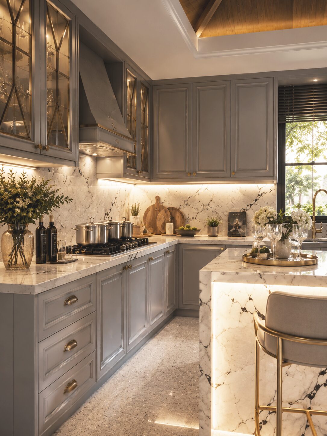 K'nat House kitchen with natural-stone island and wood ceiling