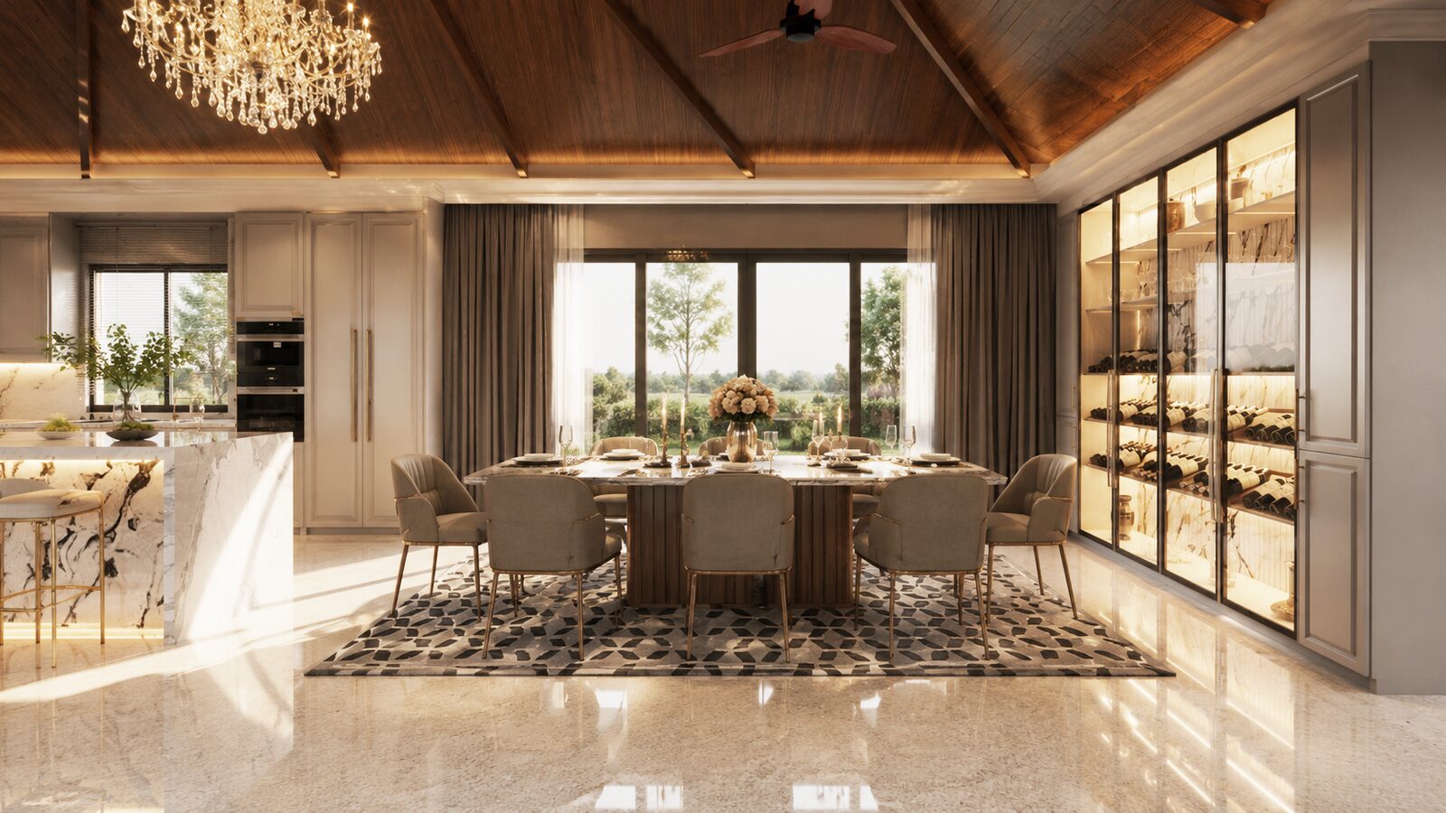 K'nat House dining room with statement chandelier