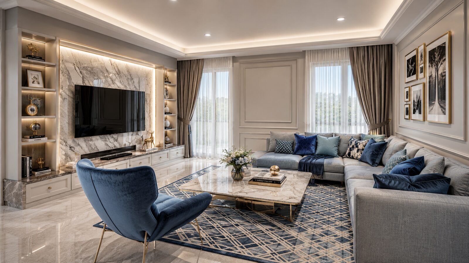 K'nat House living room with navy sectional sofa