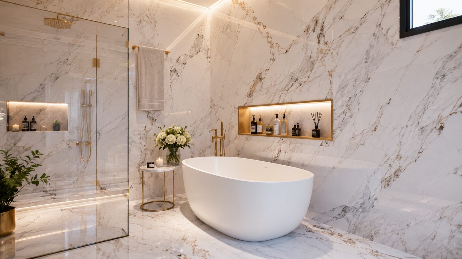 K'nat House marble bathroom with tub and shower