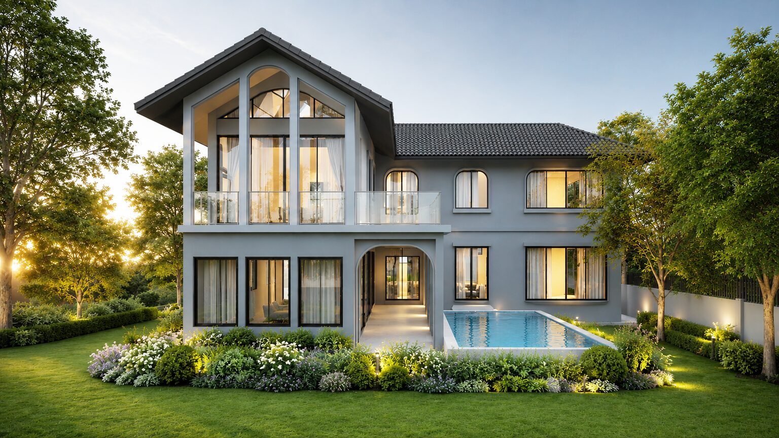 K'nay House rear facade with pool