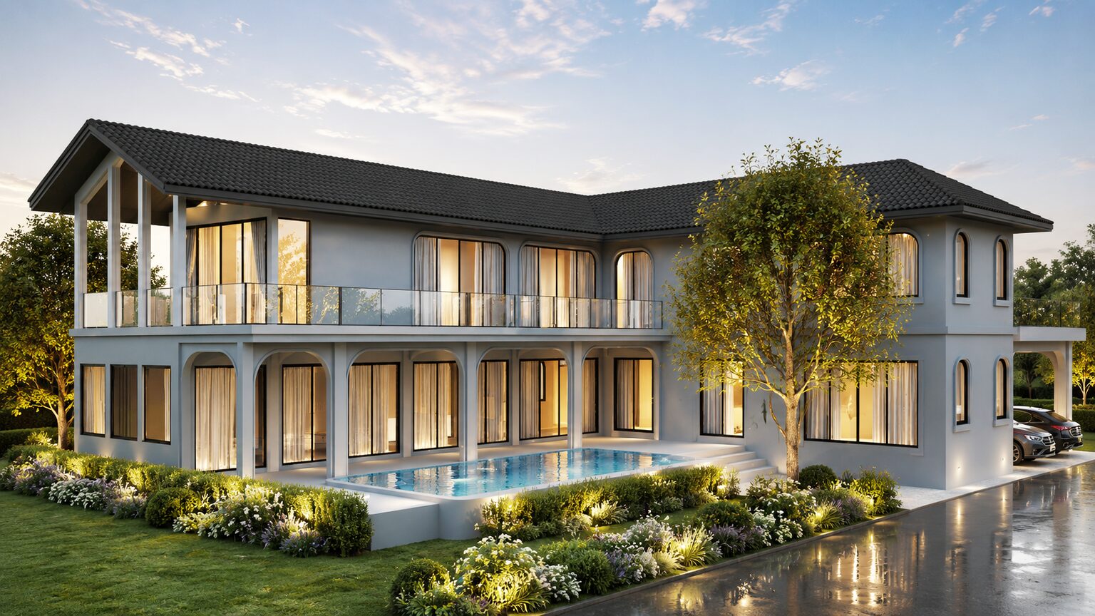 K'nay House rear facade, tree-lined pool terrace