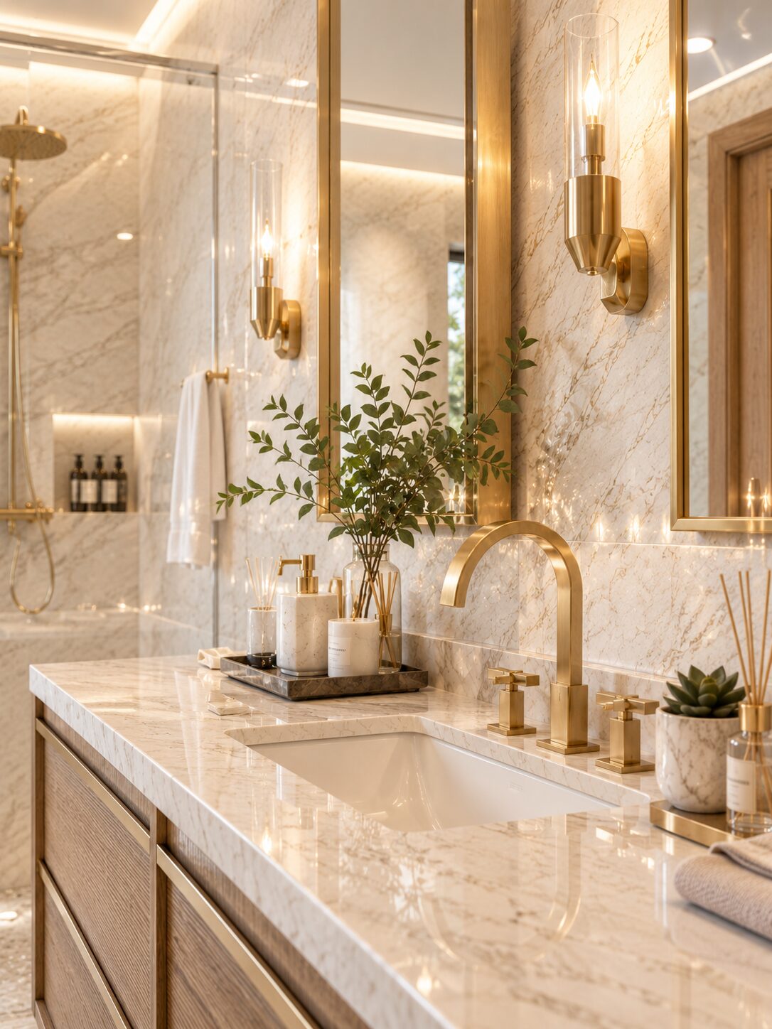K'nay Interior bathroom vanity detail in marble and brass