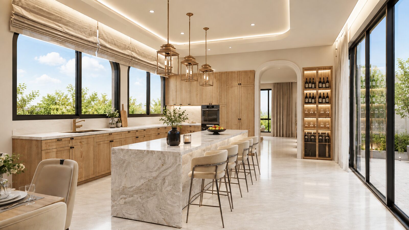 K'nay Interior kitchen island with garden view