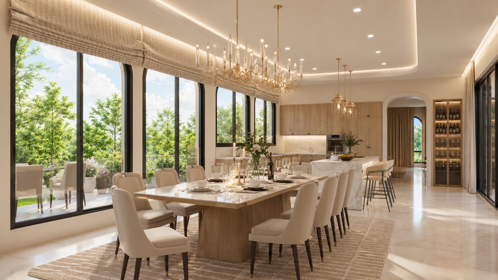 K'nay Interior dining room with statement chandelier