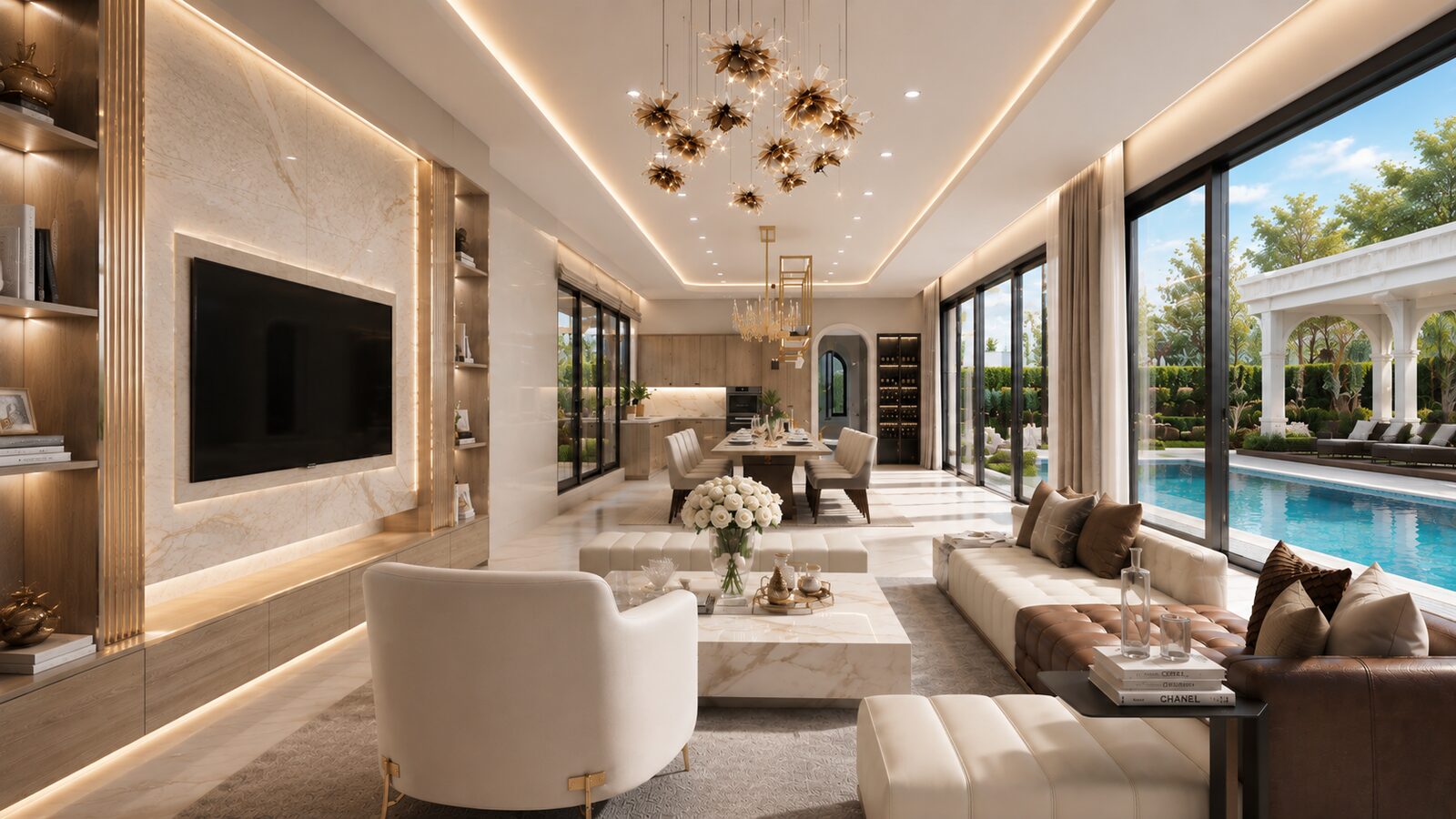 K'nay Interior living room with pool view