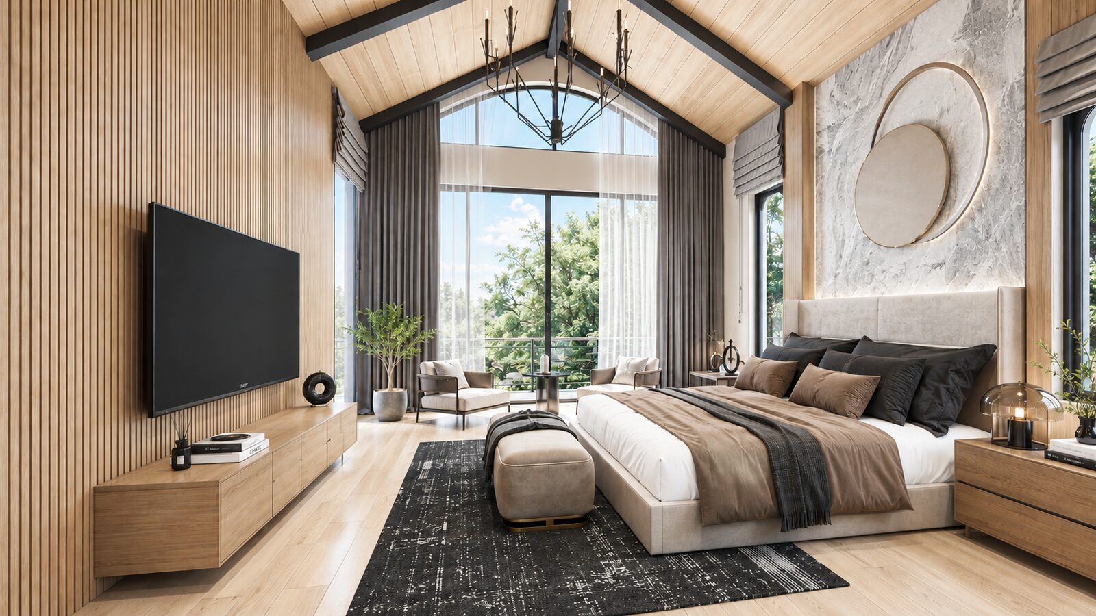 K'nay Interior bedroom with round mirror art