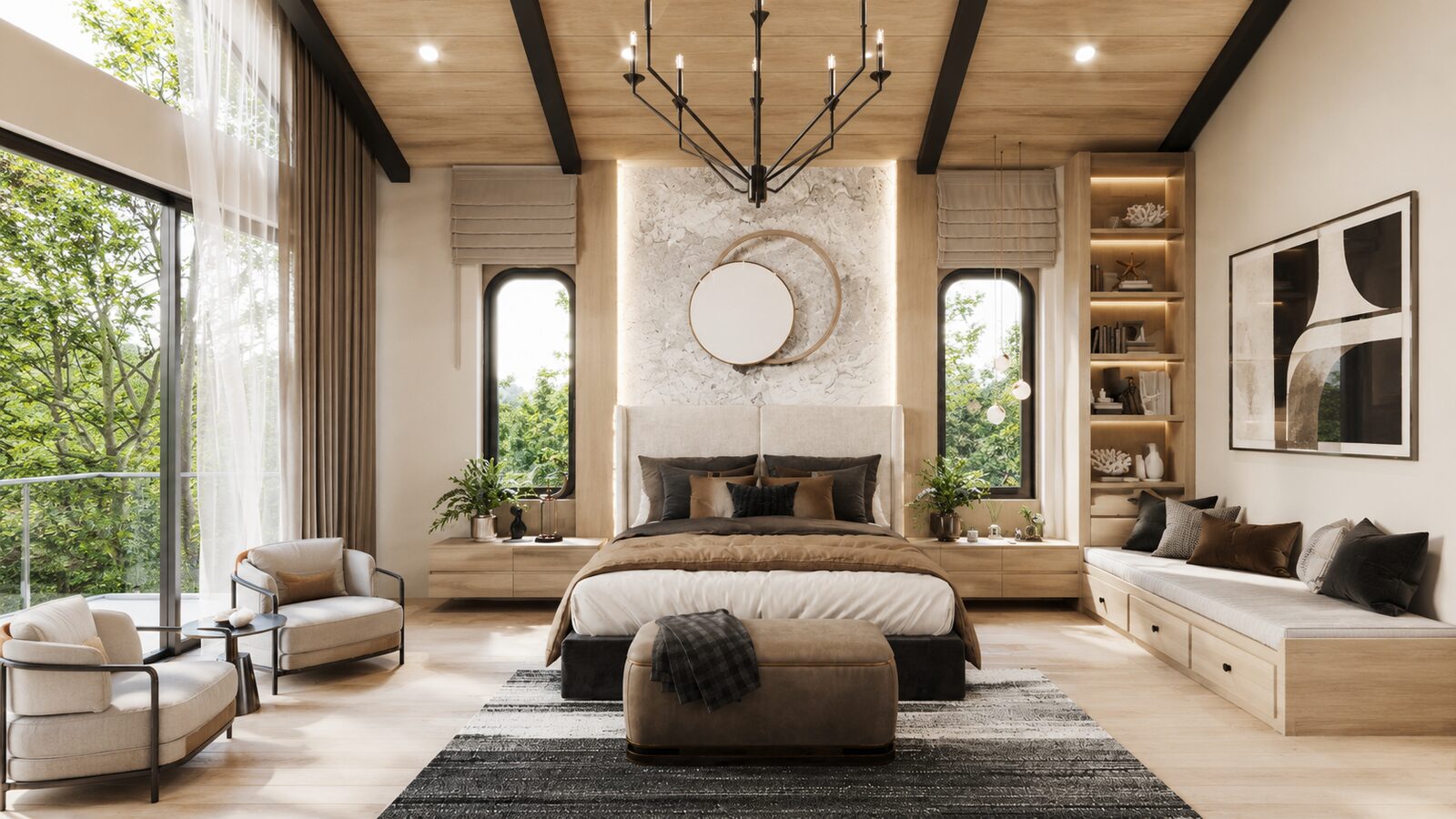 K'nay Interior bedroom with dark wood headboard