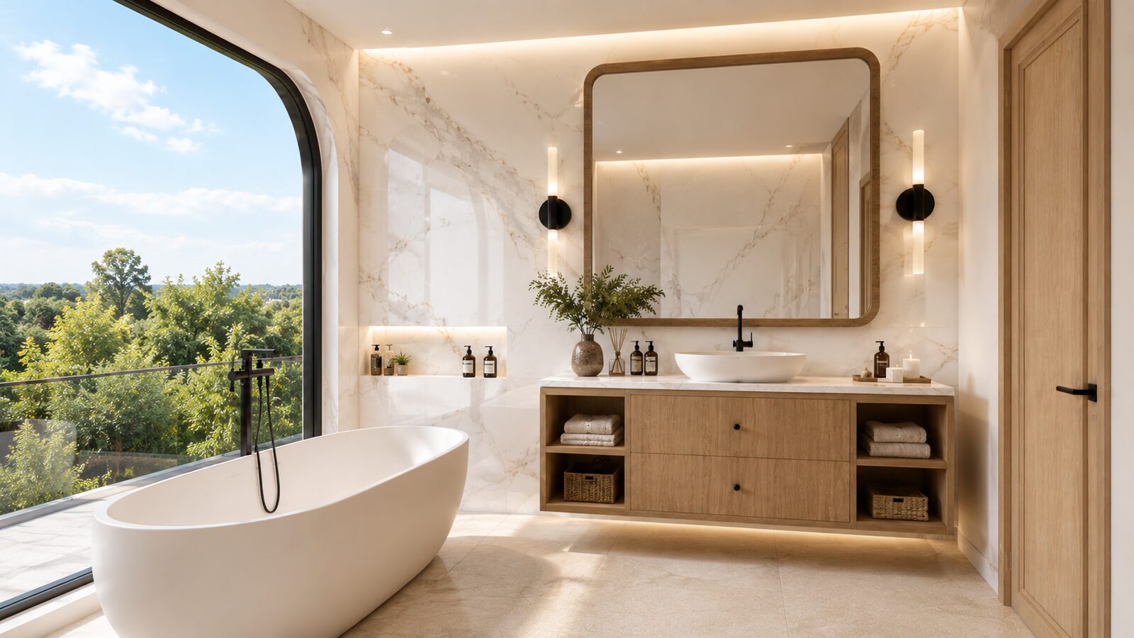 K'nay Interior bathroom with shower and freestanding tub
