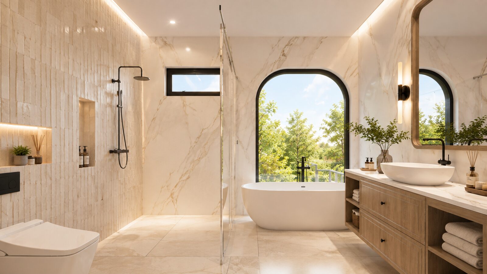 K'nay Interior bathroom with arched shower window