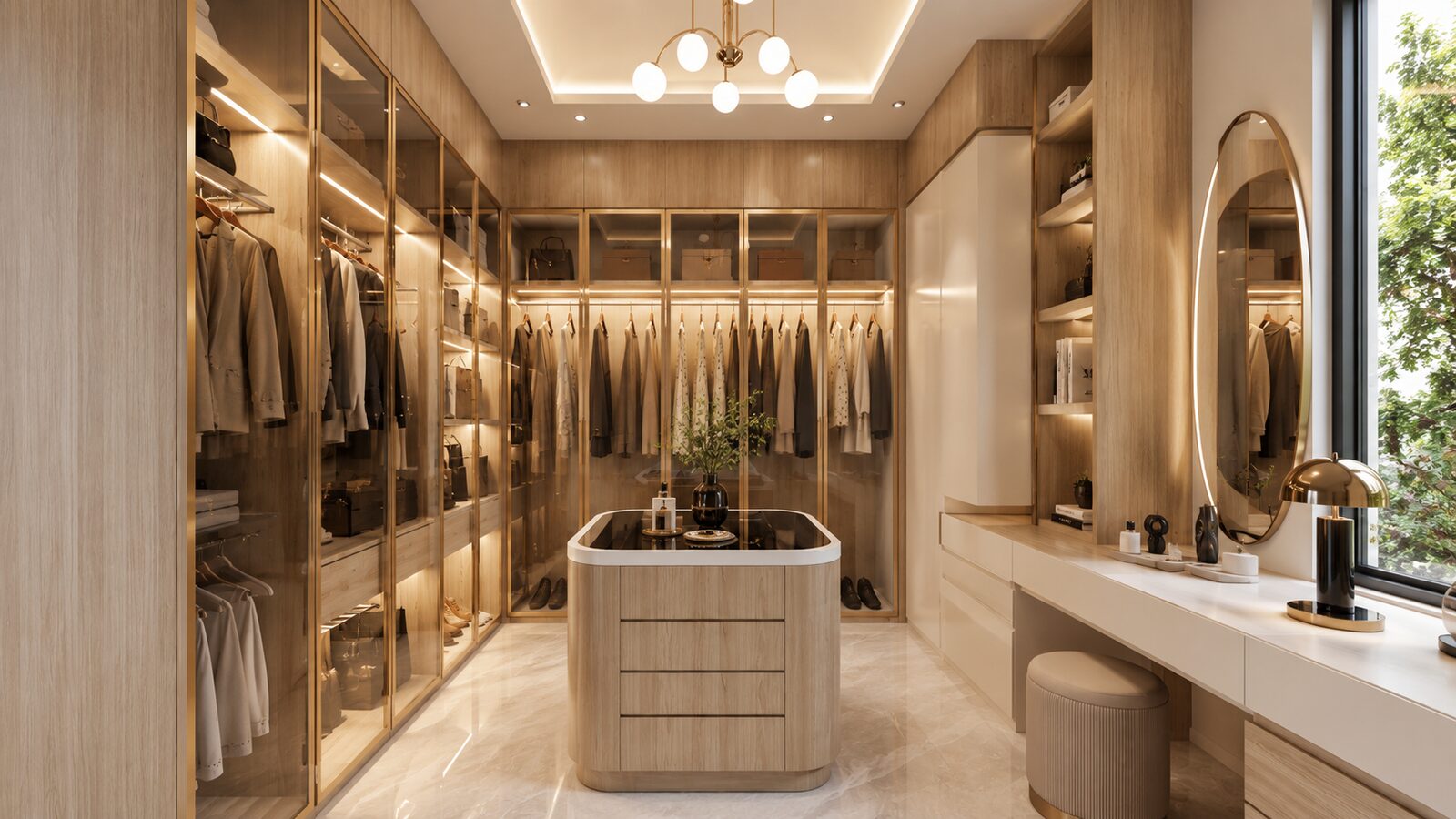 K'nay Interior walk-in closet with marble island