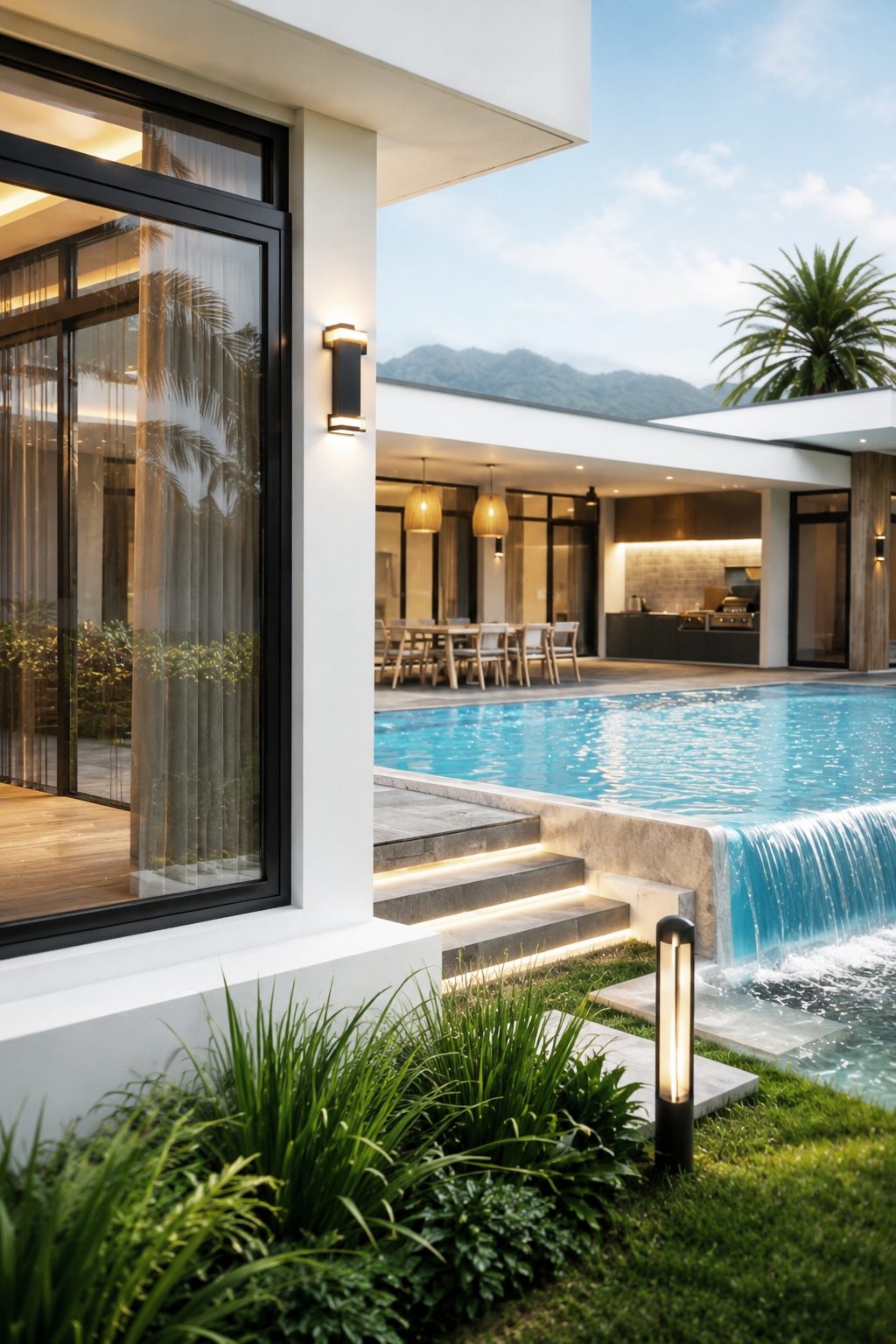 ขอบสระน้ำตก Korda House พร้อมครัวกลางแจ้งยามพลบค่ำ