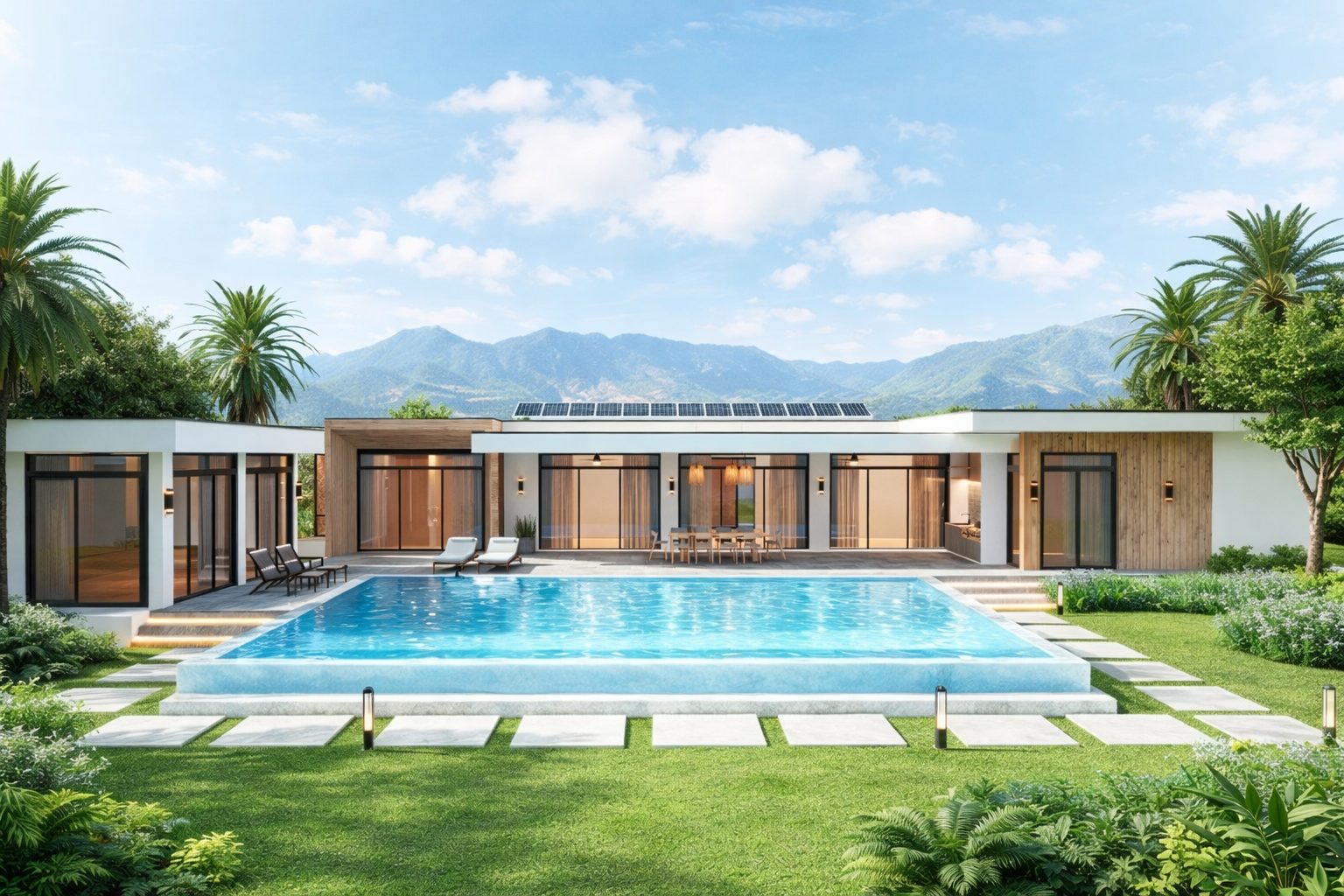 Korda House rear exterior with infinity pool and mountain view