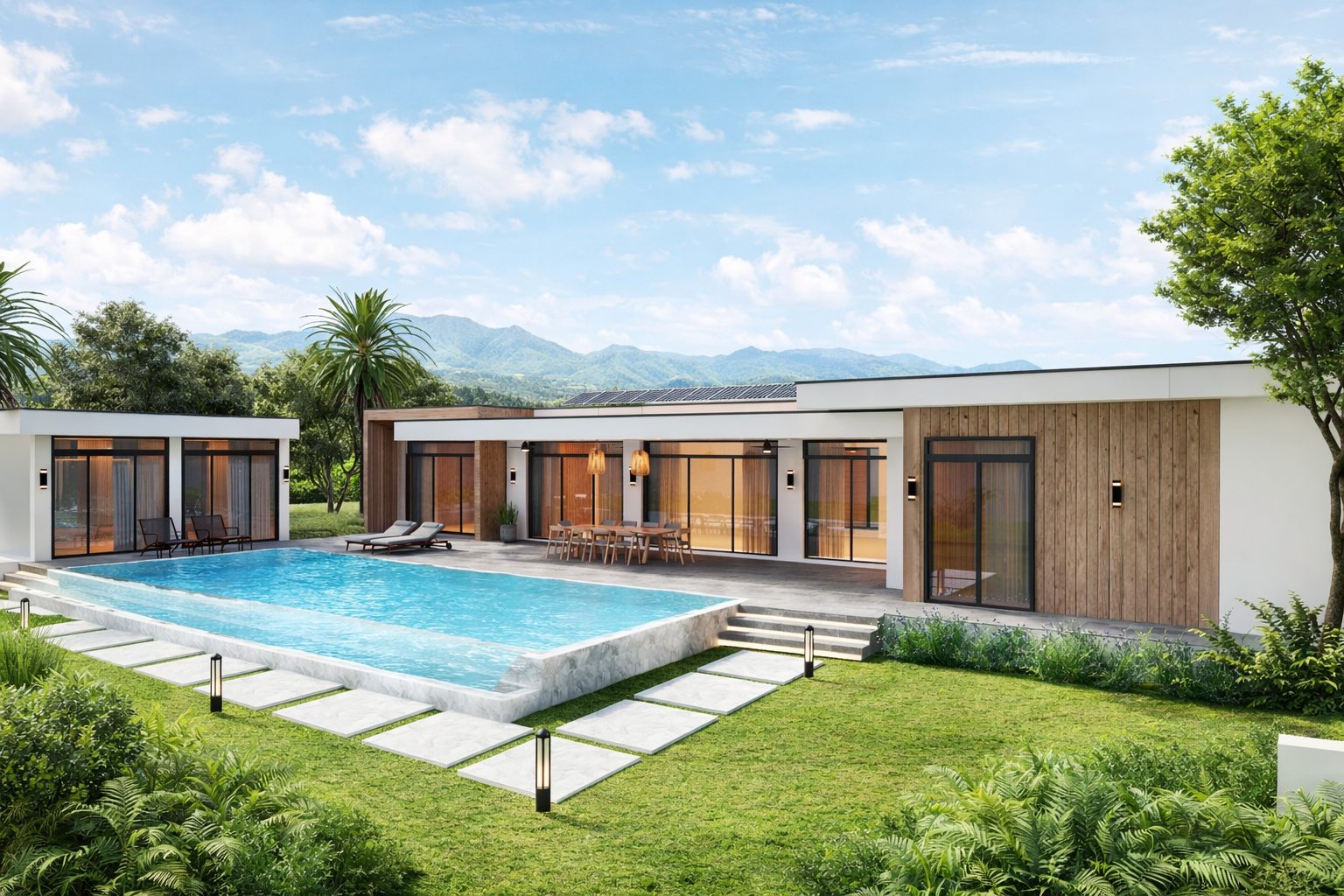 Korda House rear exterior with pool and covered terrace