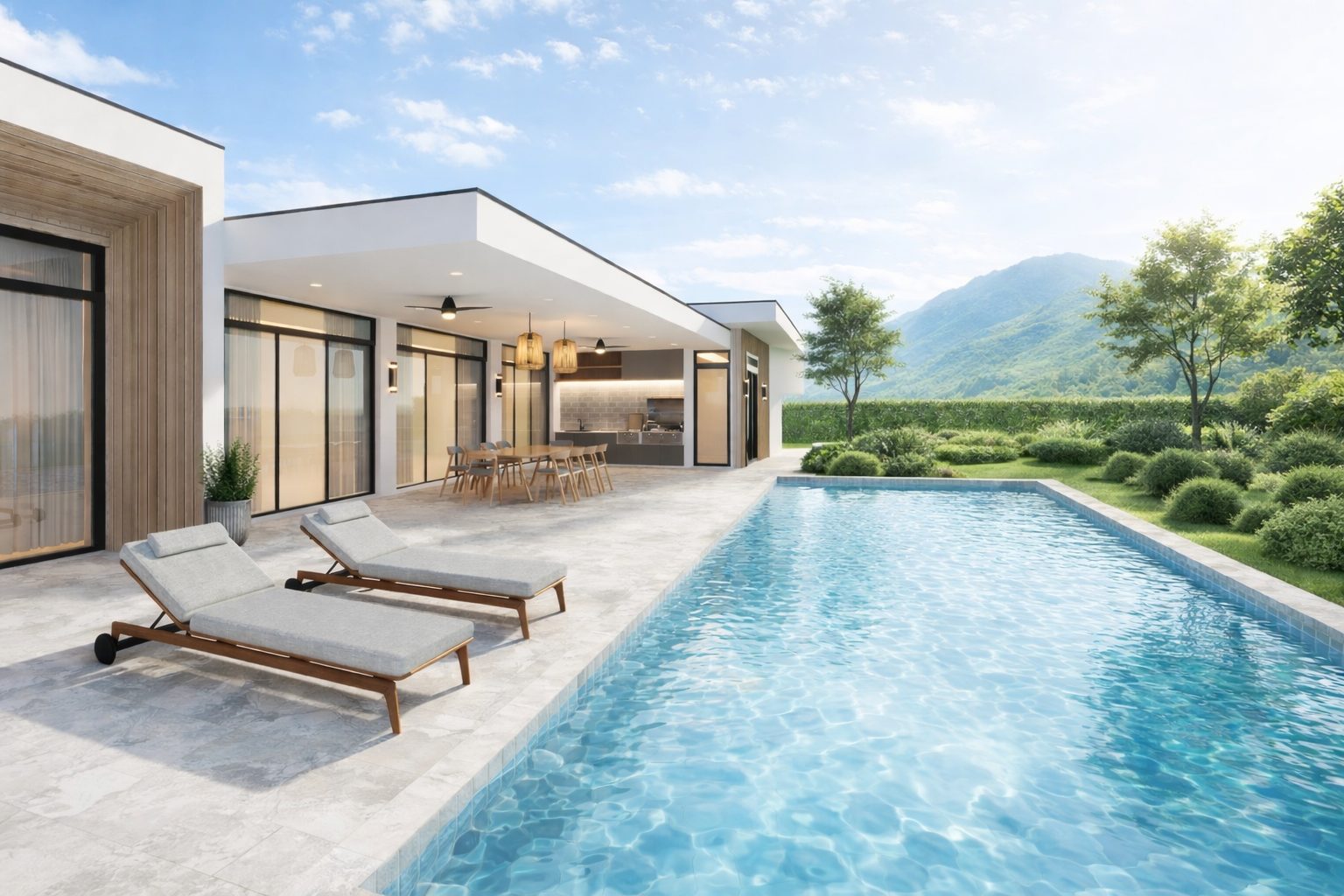 Korda House pool deck with outdoor dining and kitchen