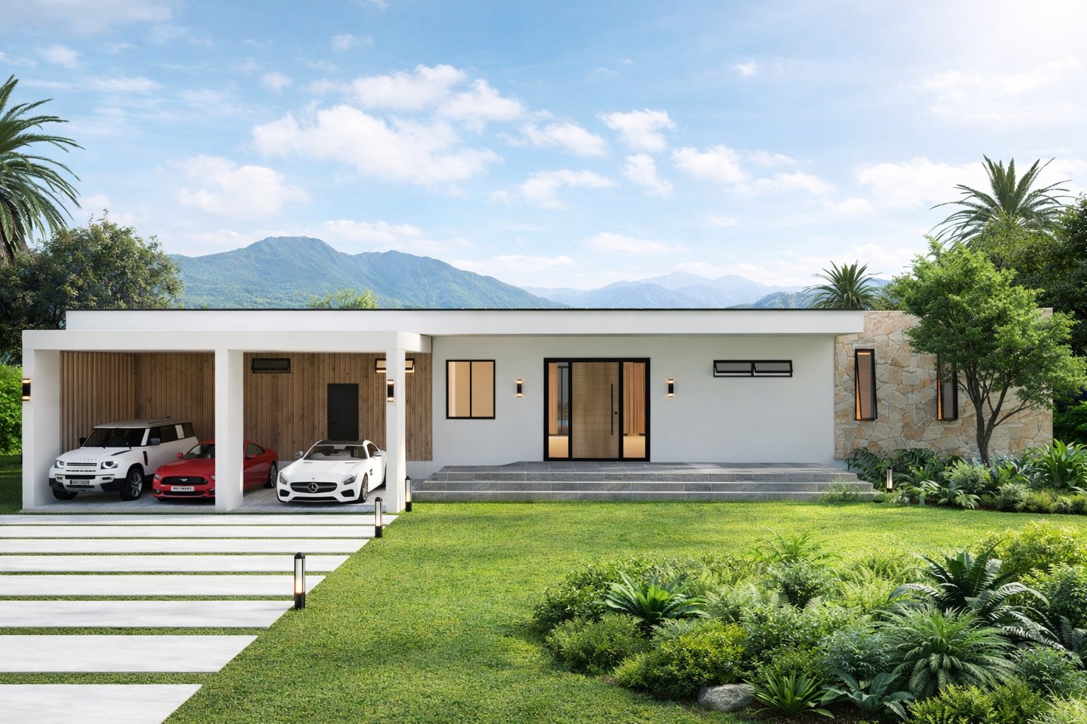 Korda House front facade with three-car carport