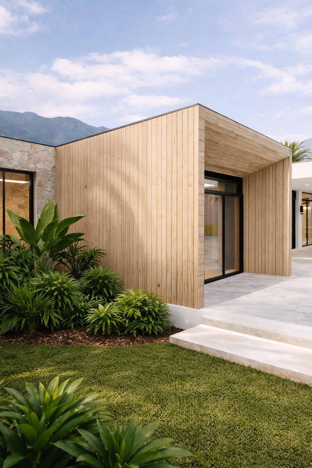 Korda House timber-clad entrance detail