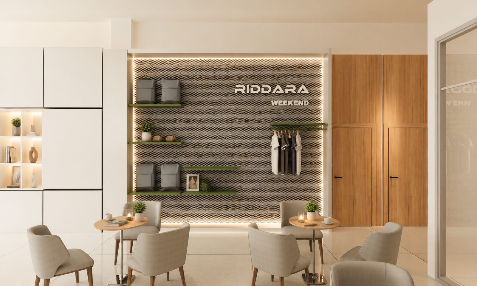Riddara Showroom customer lounge with product shelving