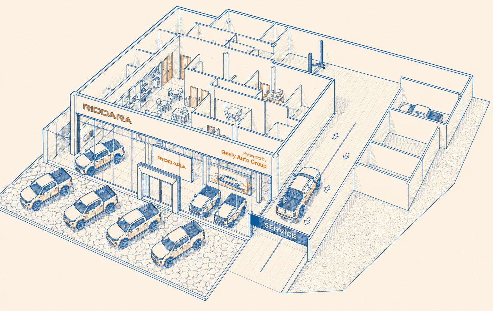Riddara Showroom isometric floor plan illustration