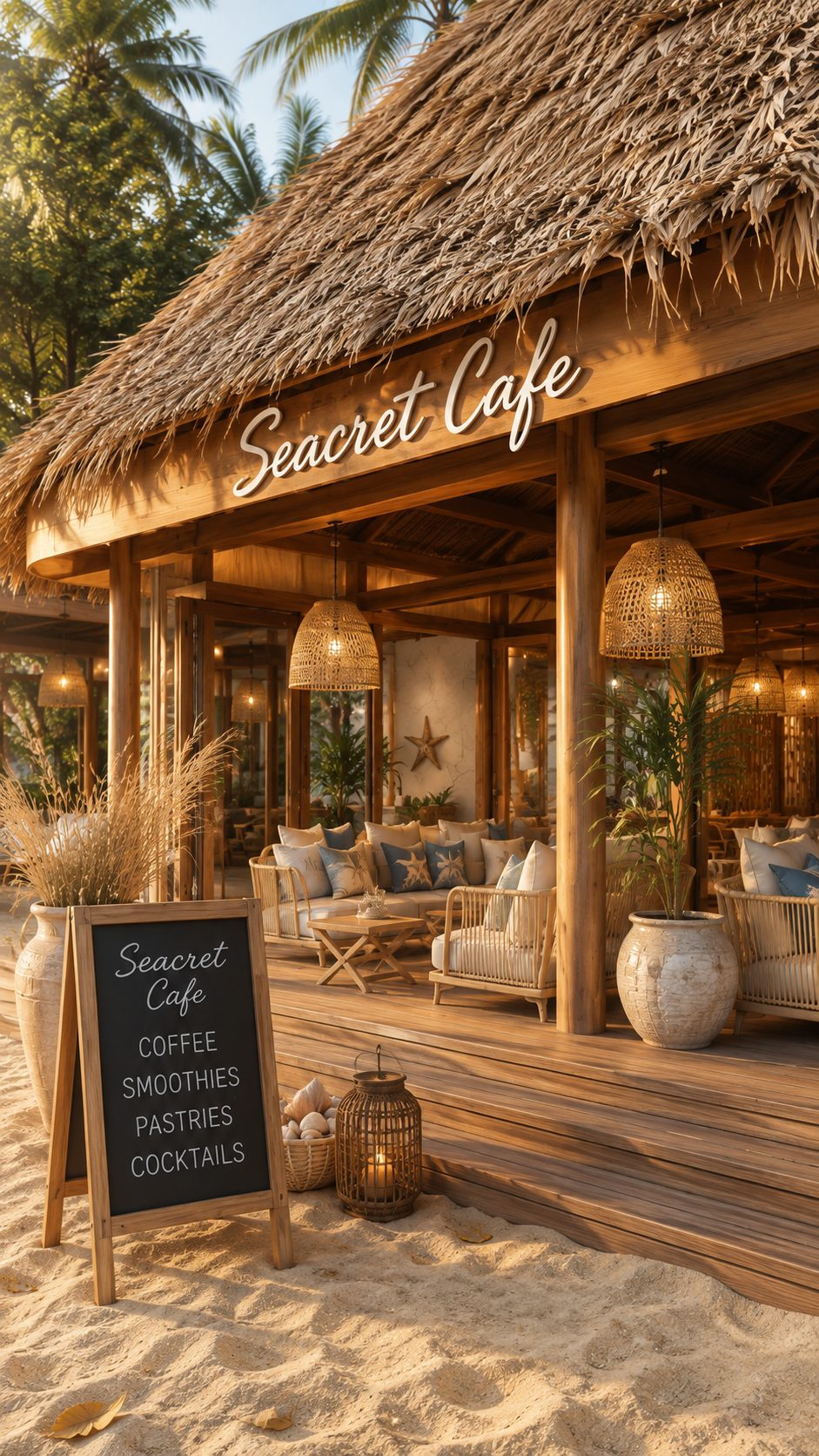 Sea Cafe beachfront entrance signage at golden hour