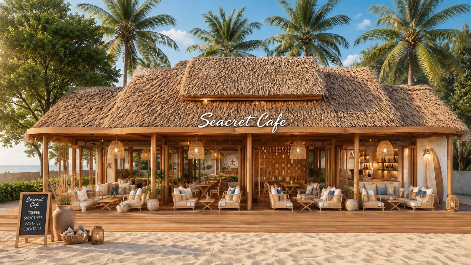 Sea Cafe thatched-roof beachfront terrace with lounge seating