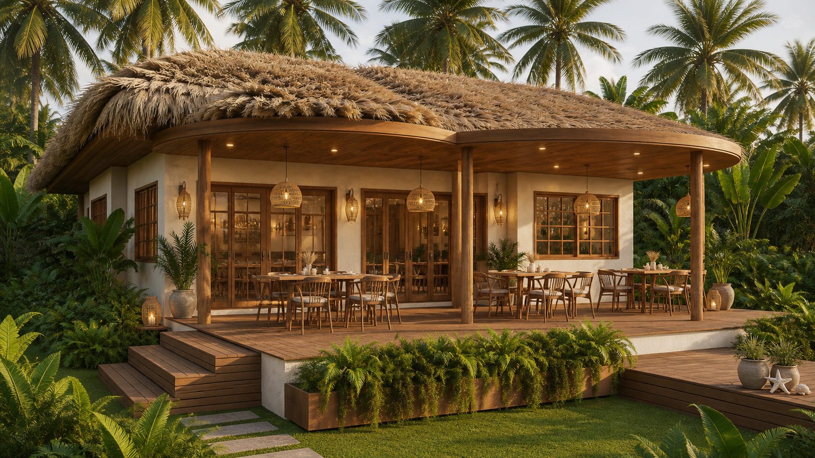 Sea Cafe dining terrace beneath palm canopy at dusk