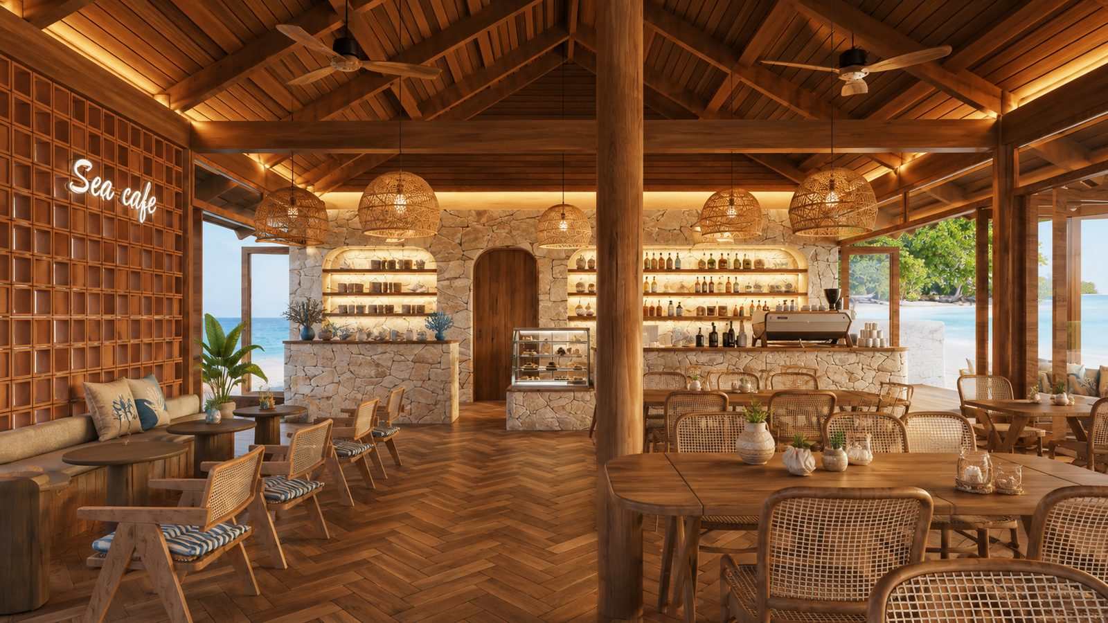 Sea Cafe interior dining hall with stone bar counter