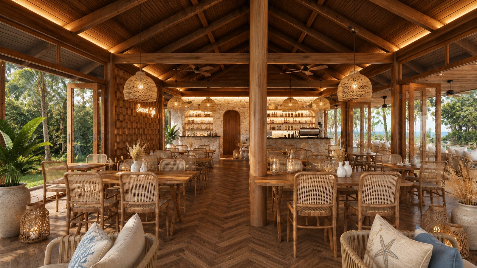 Sea Cafe open-air dining hall with rattan pendant lighting