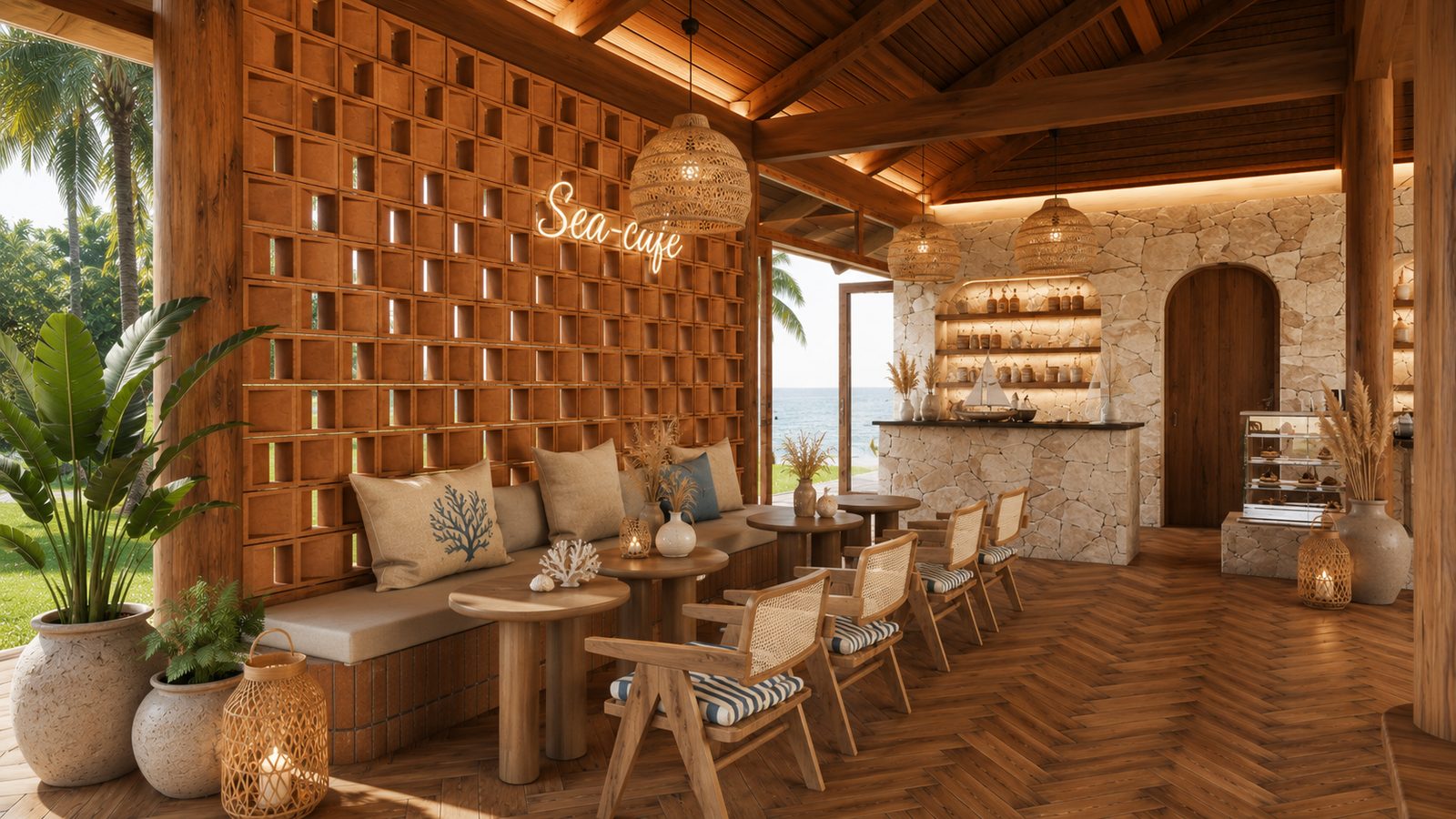 Sea Cafe lounge nook with lattice wall and pastry counter