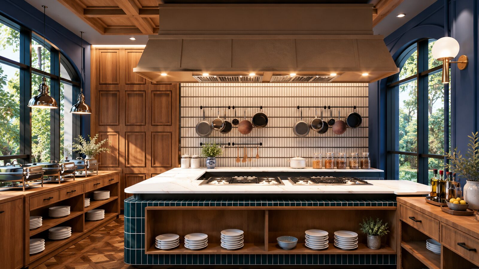 Seacret Garden kitchen island with hanging pot rack
