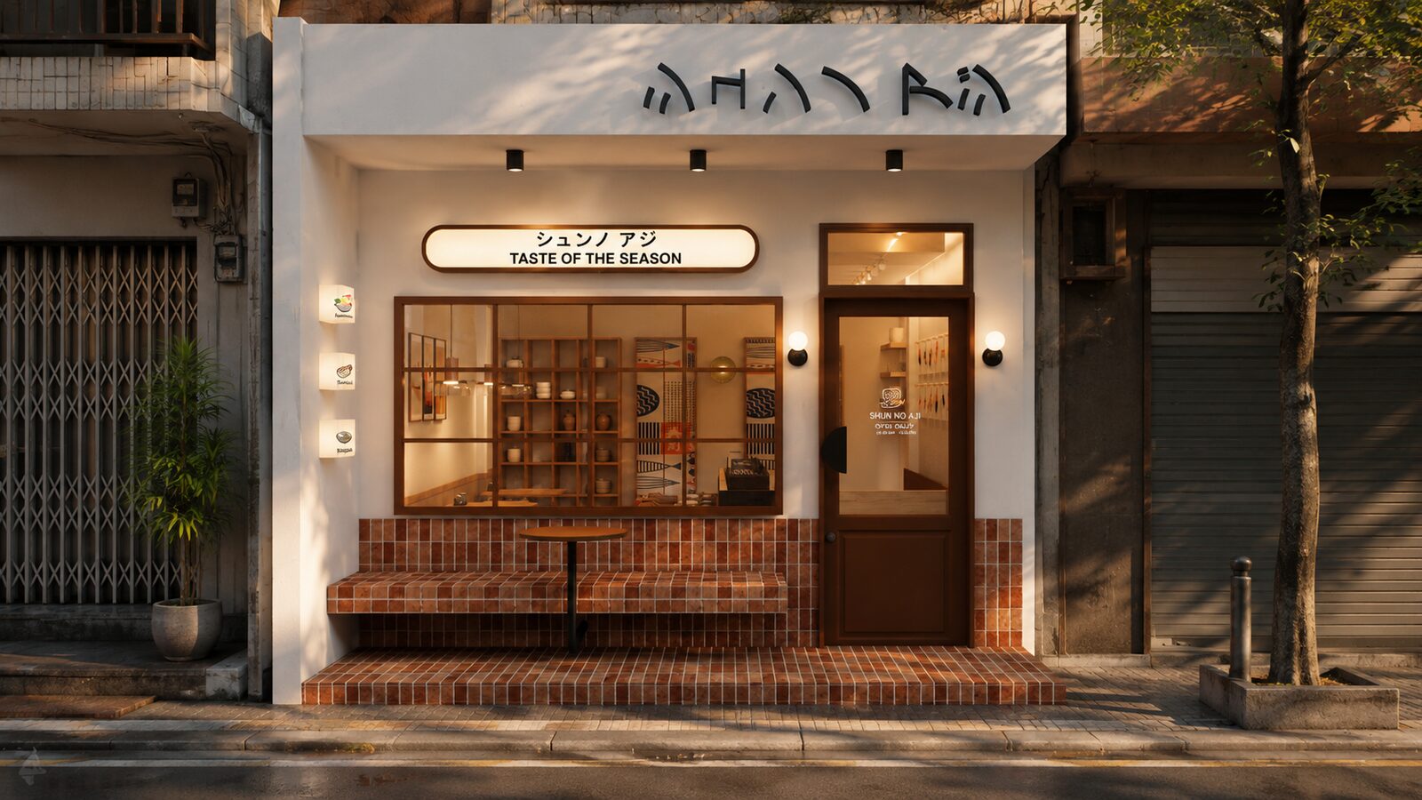 Shun No Aji Sushi Bar storefront entrance in the evening