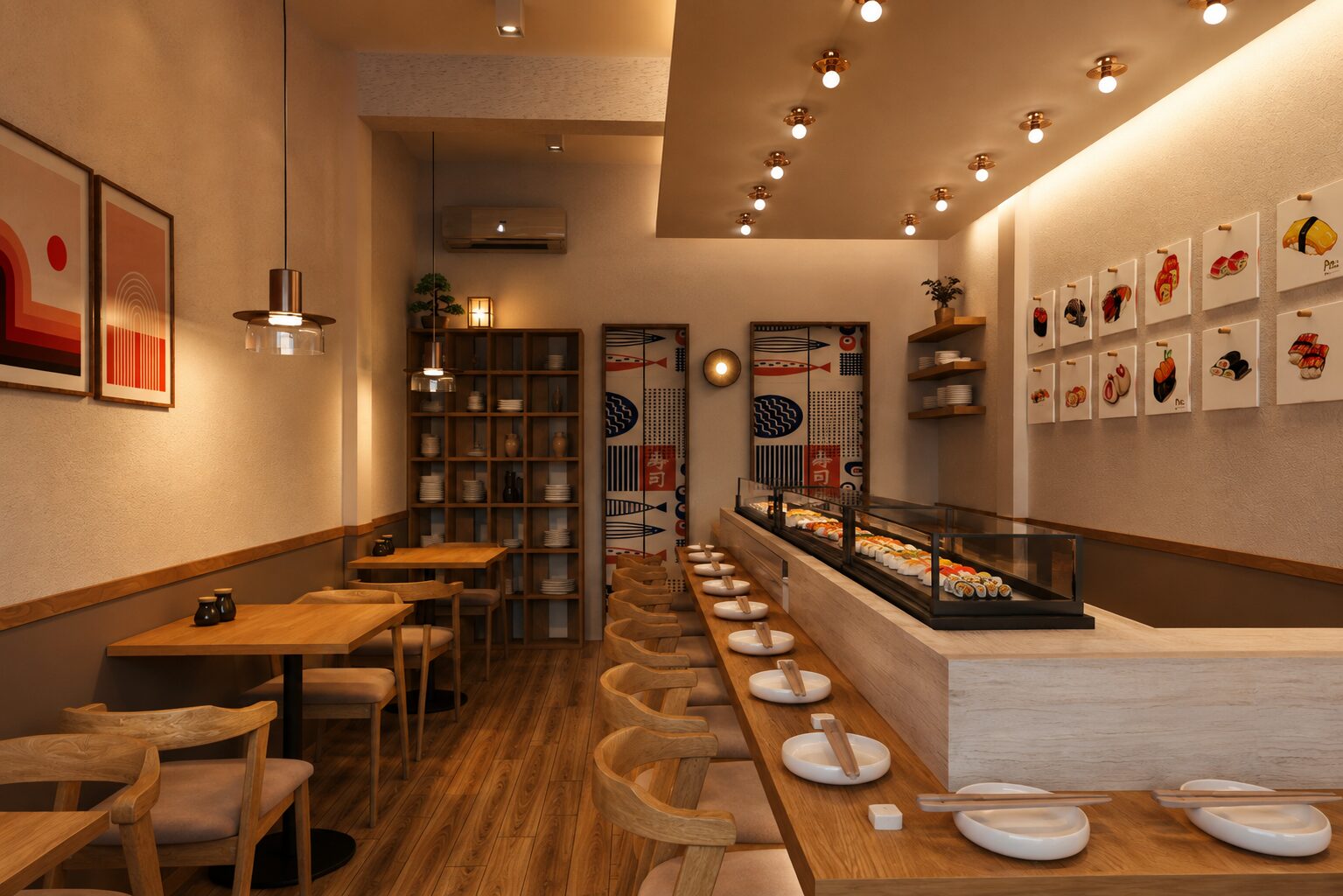 Shun No Aji Sushi Bar counter seating with art wall