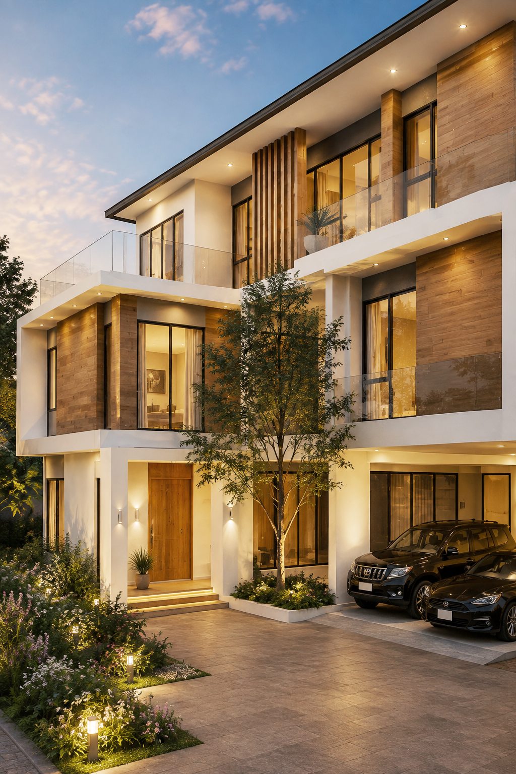ด้านหน้า 3-Storey House พร้อมทางเข้าที่มีแสงไฟยามพลบค่ำ