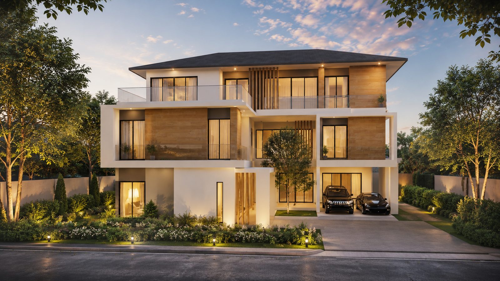 ด้านหน้า 3-Storey House พร้อมลานจอดรถยามพลบค่ำ