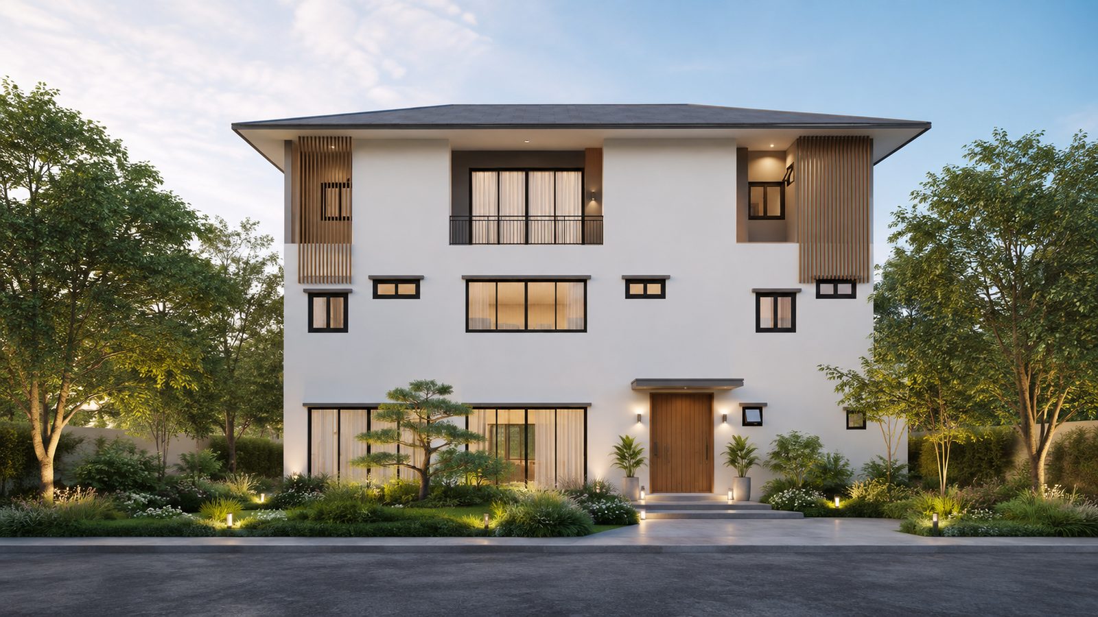 ทางเข้า 3-Storey House พร้อมประตูบานพับกลางและต้นไม้หน้าบ้าน