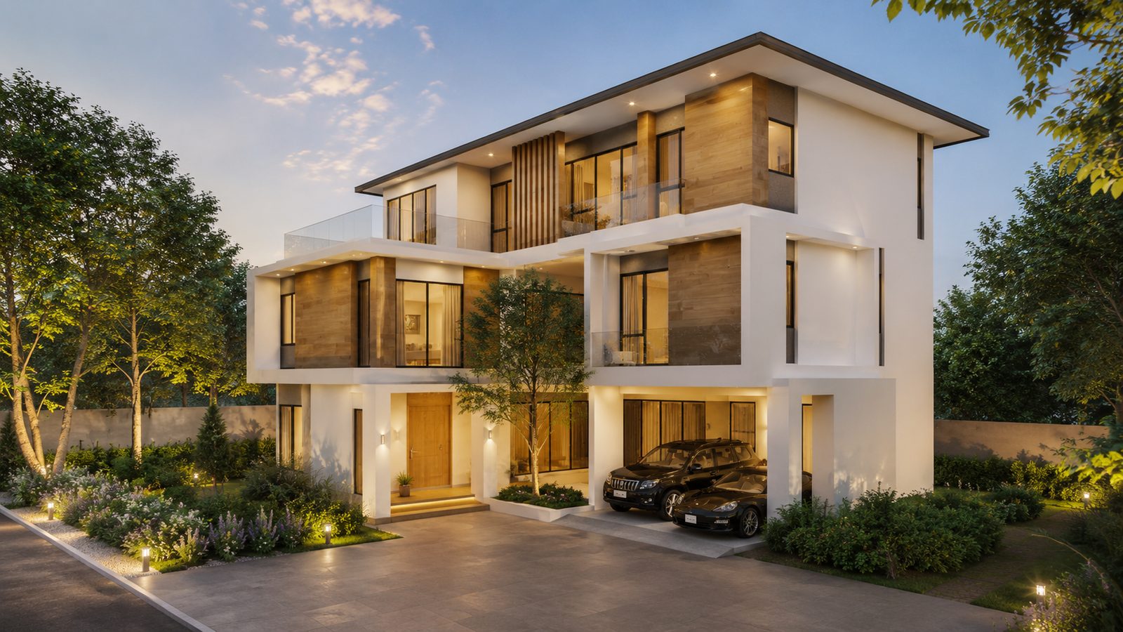 ด้านหน้า 3-Storey House พร้อมที่จอดรถมีหลังคายามพลบค่ำ