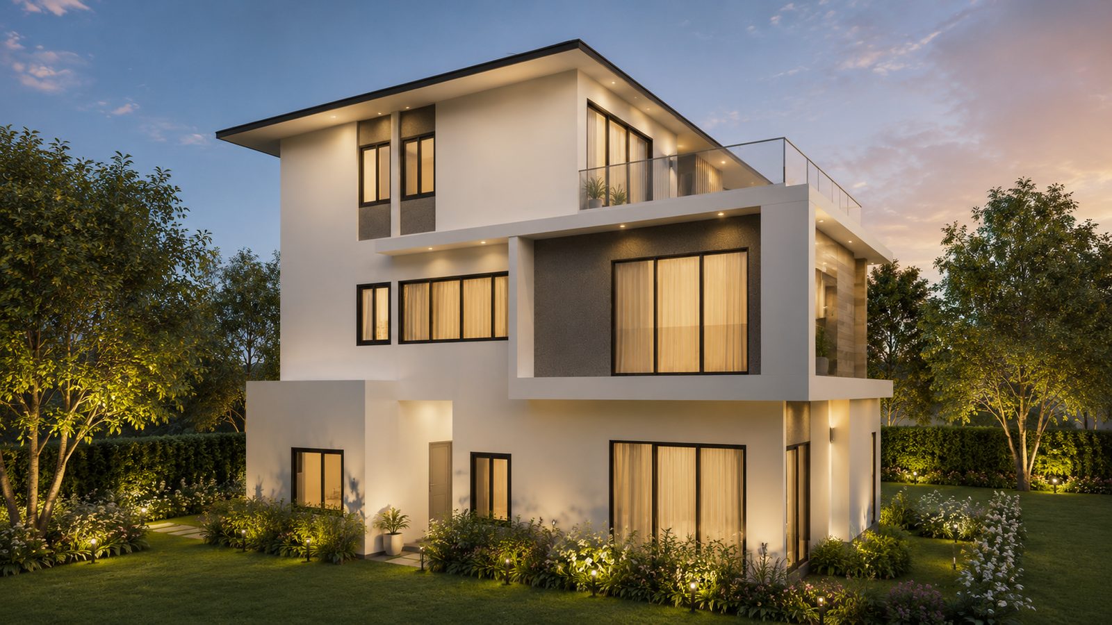 ด้านข้าง 3-Storey House พร้อมชั้นบนยื่นออกมายามสนธยา