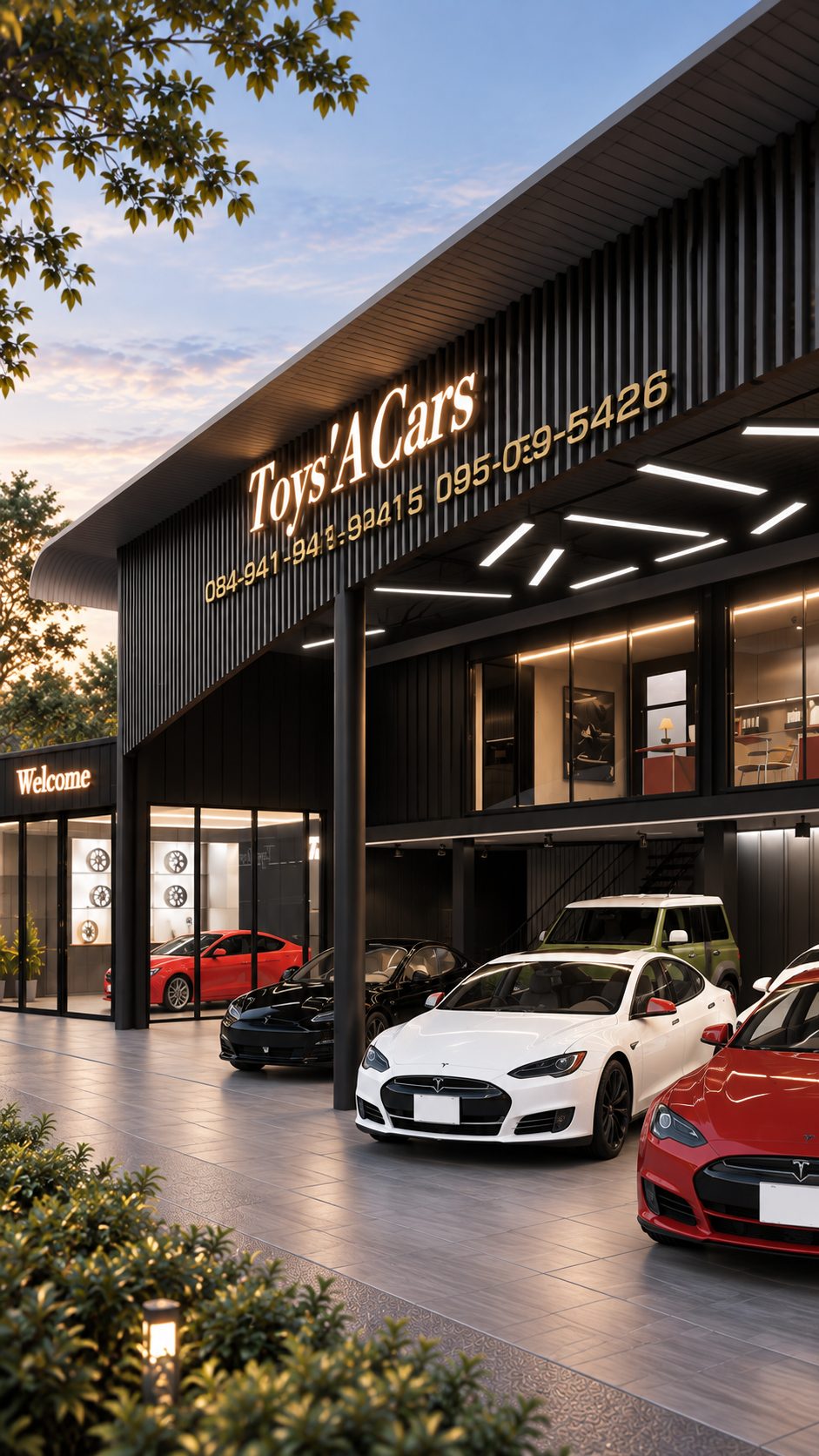 Toys'a Cars showroom signage detail at dusk